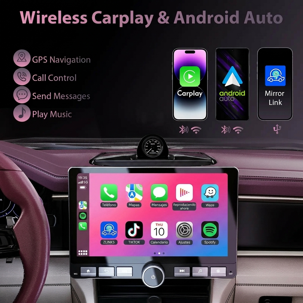 Autorradio Android 13 de 10.1", Pantalla giratoria 360°, Mejora de sonido DSP, Botones físicos, Pantalla táctil IPS, CarPlay, Android Auto, Radio FM/AM, Navegación GPS, 2 GB RAM + 64 GB de almacenamiento, Bluetooth, Pantalla dividida — SummerVibes