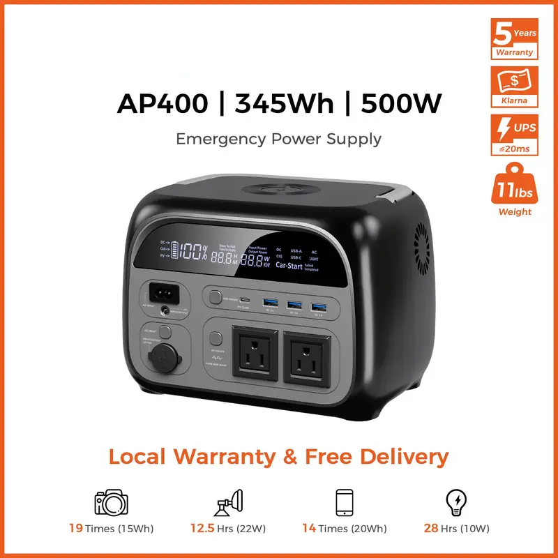 Estación de energía portátil CTOLITY AP400 de 500 W/345 Wh, batería de respaldo LiFePo4 con UPS y cargador inalámbrico, artículos esenciales para acampar 2026 y preparación de emergencia para CPAP, generador solar, batería externa grande, cargador portáti