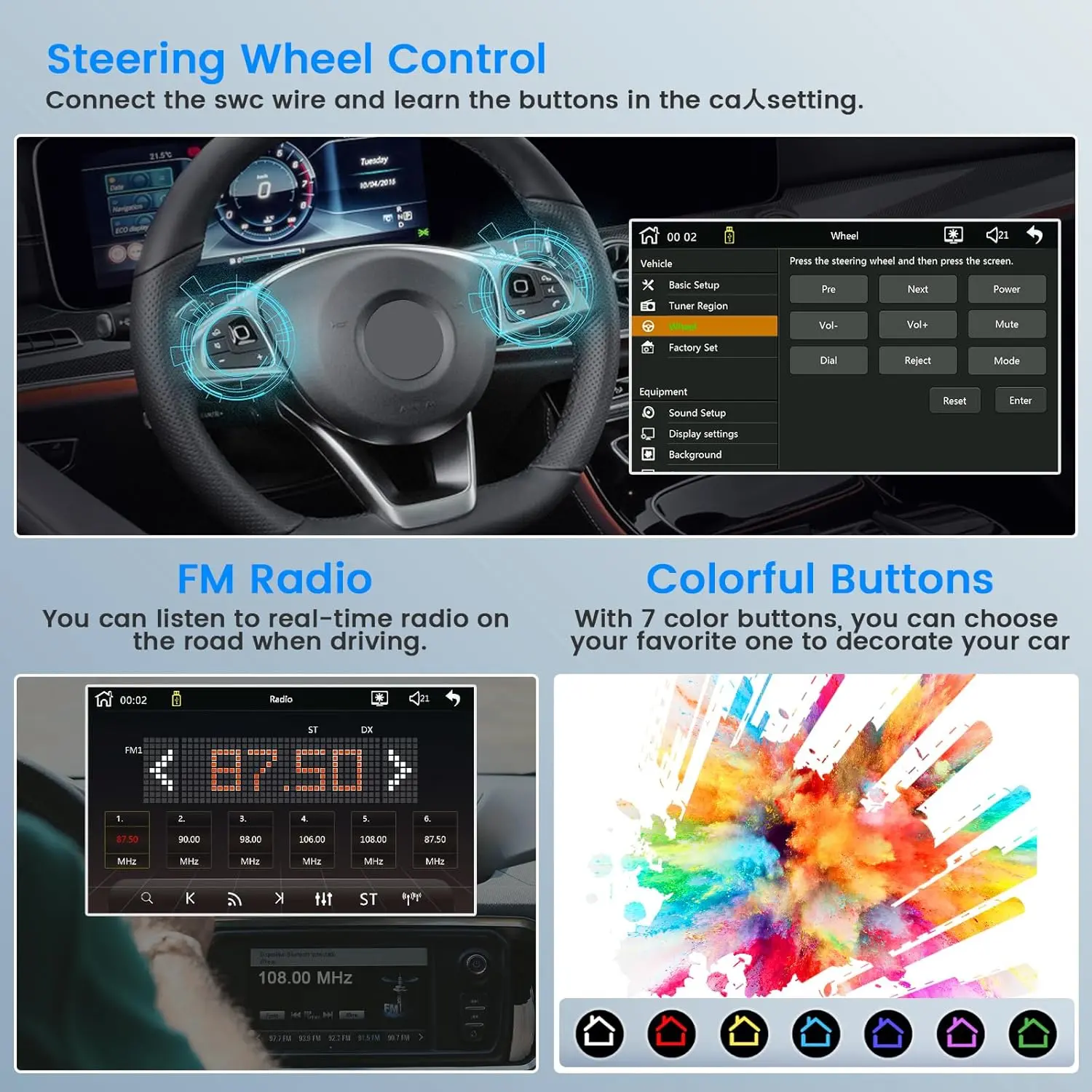 Radio CarPlay inalámbrica de 9 pulgadas con Bluetooth y pantalla táctil.