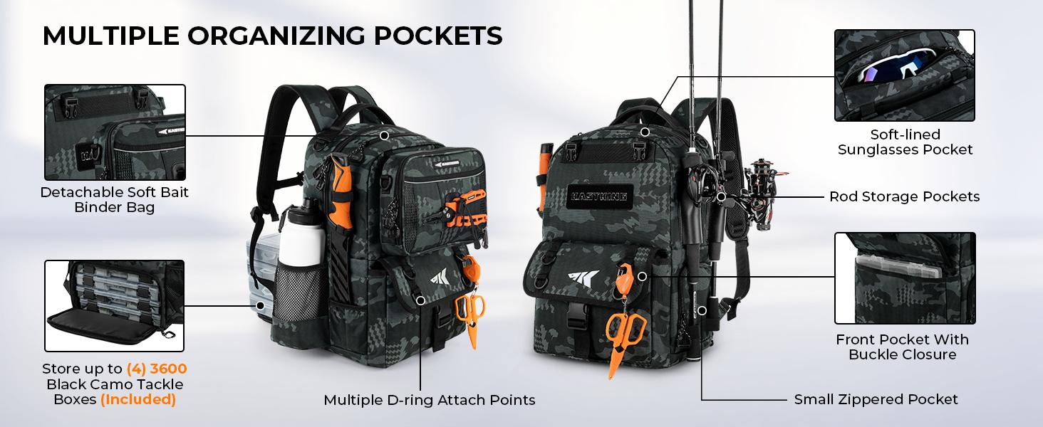 KastKing BaitSpace 50L Fishing Tackle Backpack with Removable Bait Binder & 4 Tackle Boxes, Rod Holders Storage Fishing Gear