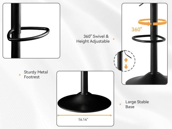 Modern Bar Stools, Adjustable Faux Leather Upholstered Swivel Bar Stools, Counter Height Bar Chairs with Back for Kitchen Island, Black