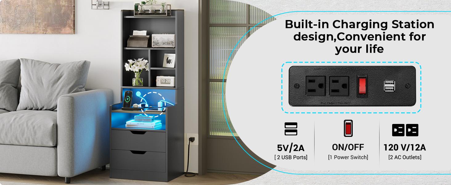 Sikaic Tall Night Stand with Charging Station and LED Lights, Nightstand with Bookshelf, Bedside Table with Drawers & Power Outlets, End Side Table for Bedrooms Sikaic Tall Night Stand with Charging Station and LED Lights, Nightstand with Bookshelf, Bedside Table with Drawers & Power Outlets, End Side Table for Bedrooms