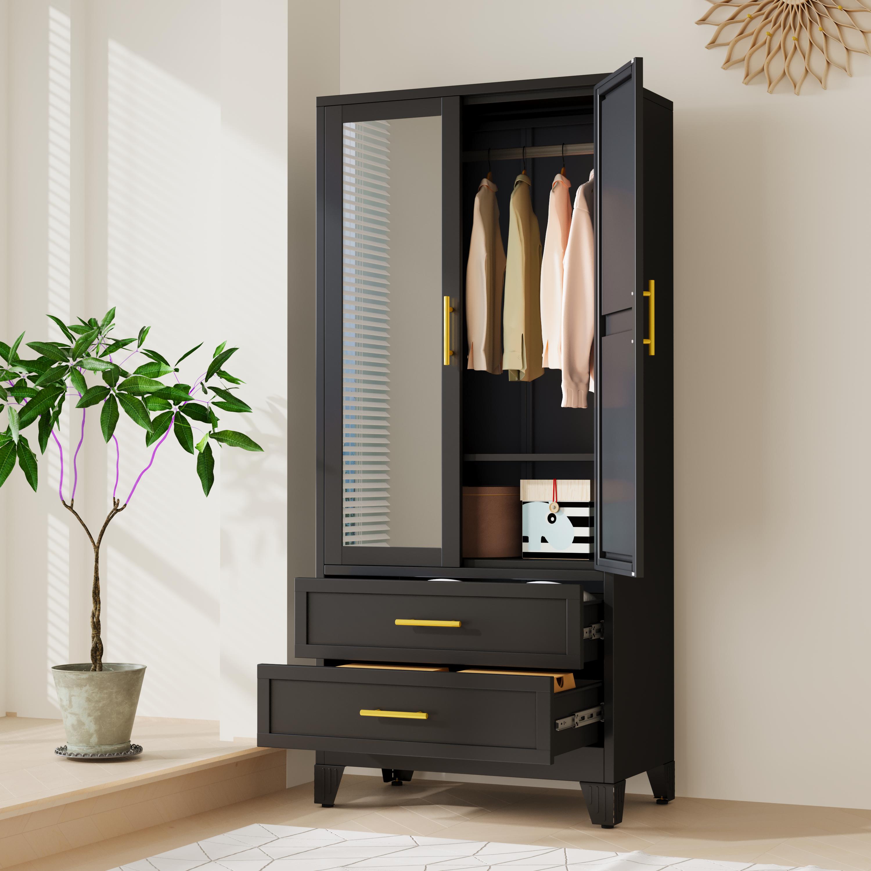Metal Armoire Wardrobe Closet 71" Tall Bedroom Closet with Mirror 2 Drawers Adjustable Shelves and Hanging Rod Steel Clothes Closets and Storage for Bedroom Metal Armoire Wardrobe Closet 71" Tall Bedroom Closet with Mirror 2 Drawers Adjustable Shelves and Hanging Rod Steel Clothes Closets and Storage for Bedroom