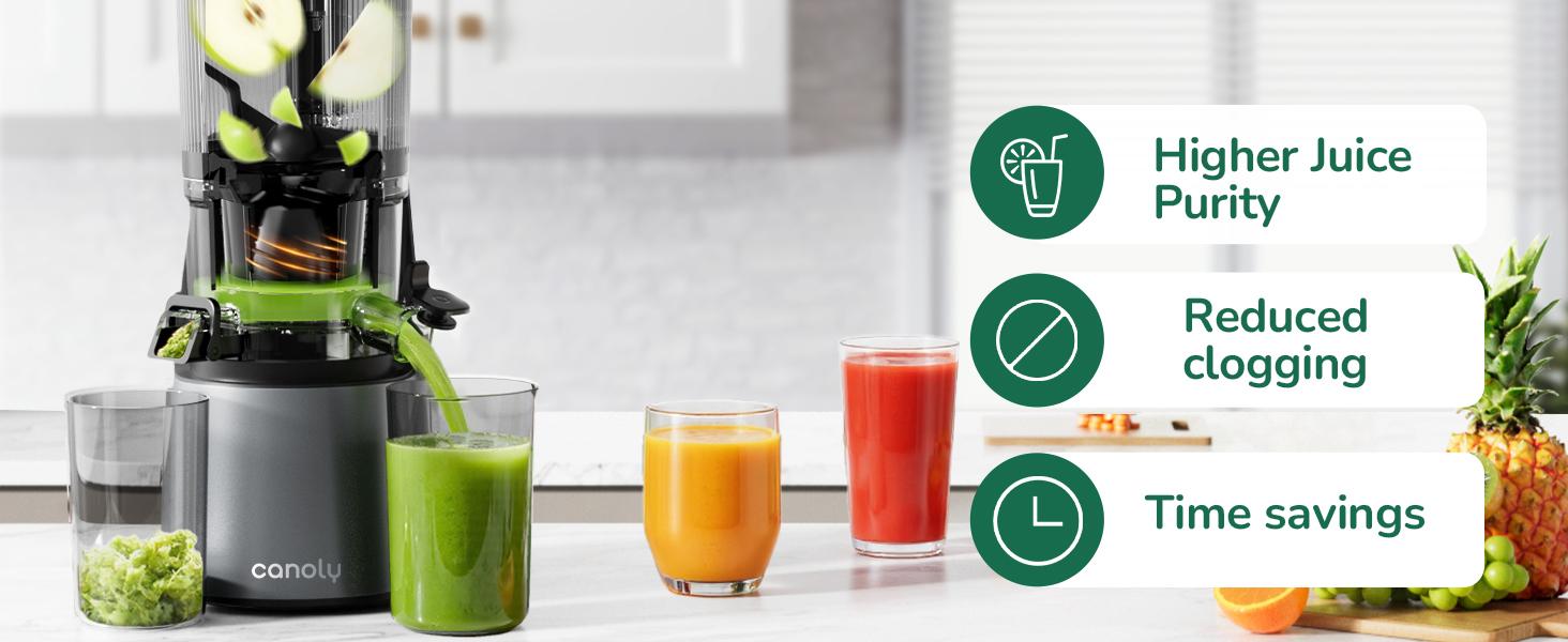 Canoly C16 Cold Press Juicer, 6" Extra Wide Feed Chute, 3-IN-1 Strainers (Juice & Sorbet & Nut Milk), Powerful AC Brushless Motor, Self Precut System, Juicer Machines with BPA-Free