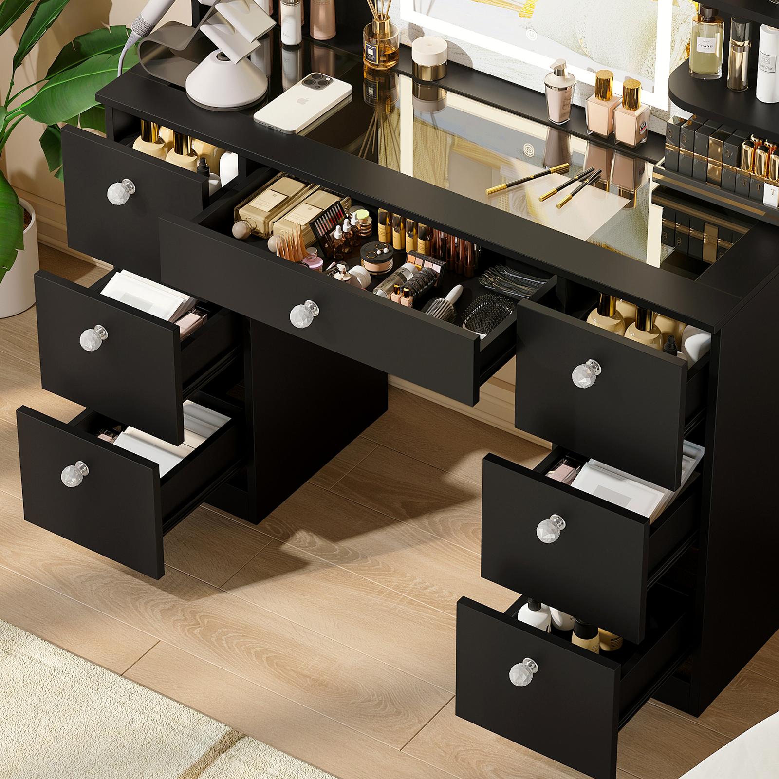 【Assembly video available】VOWNER Modern 55" Tall Makeup Vanity Table Set with 3 Color Lighted Mirror 7 Drawers & Outlet Gift 【Assembly video available】VOWNER Modern 55" Tall Makeup Vanity Table Set with 3 Color Lighted Mirror 7 Drawers & Outlet Gift