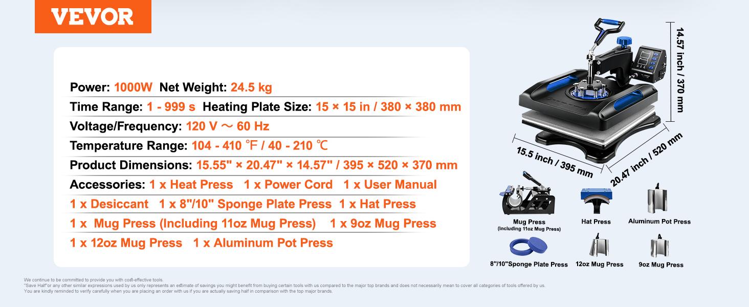 【fathersdaygift】VEVOR Heat Press Machine 15 x 15 Inch 8 in 1 Heat Press 800W Sublimation Machine 360° Rotation Swing Away 8 in 1 Shirt Printing Machine Dual-Tube Heating for DIY T-Shirts Cap & Mugs 【fathersdaygift】VEVOR Heat Press Machine 15 x 15 Inch 8 in 1 Heat Press 800W Sublimation Machine 360° Rotation Swing Away 8 in 1 Shirt Printing Machine Dual-Tube Heating for DIY T-Shirts Cap & Mugs