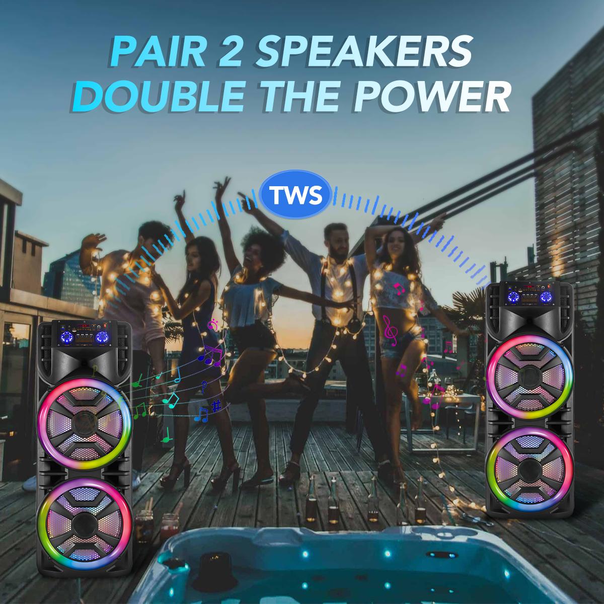 Portable Party Box Dual 12inch Karaoke Speaker System with Wireless Bluetooth, Microphone, LED Lighting & Rechargeable FM Radio Remote Control Smartphone Audio Portable Party Box Dual 12inch Karaoke Speaker System with Wireless Bluetooth, Microphone, LED Lighting & Rechargeable FM Radio Remote Control Smartphone Audio