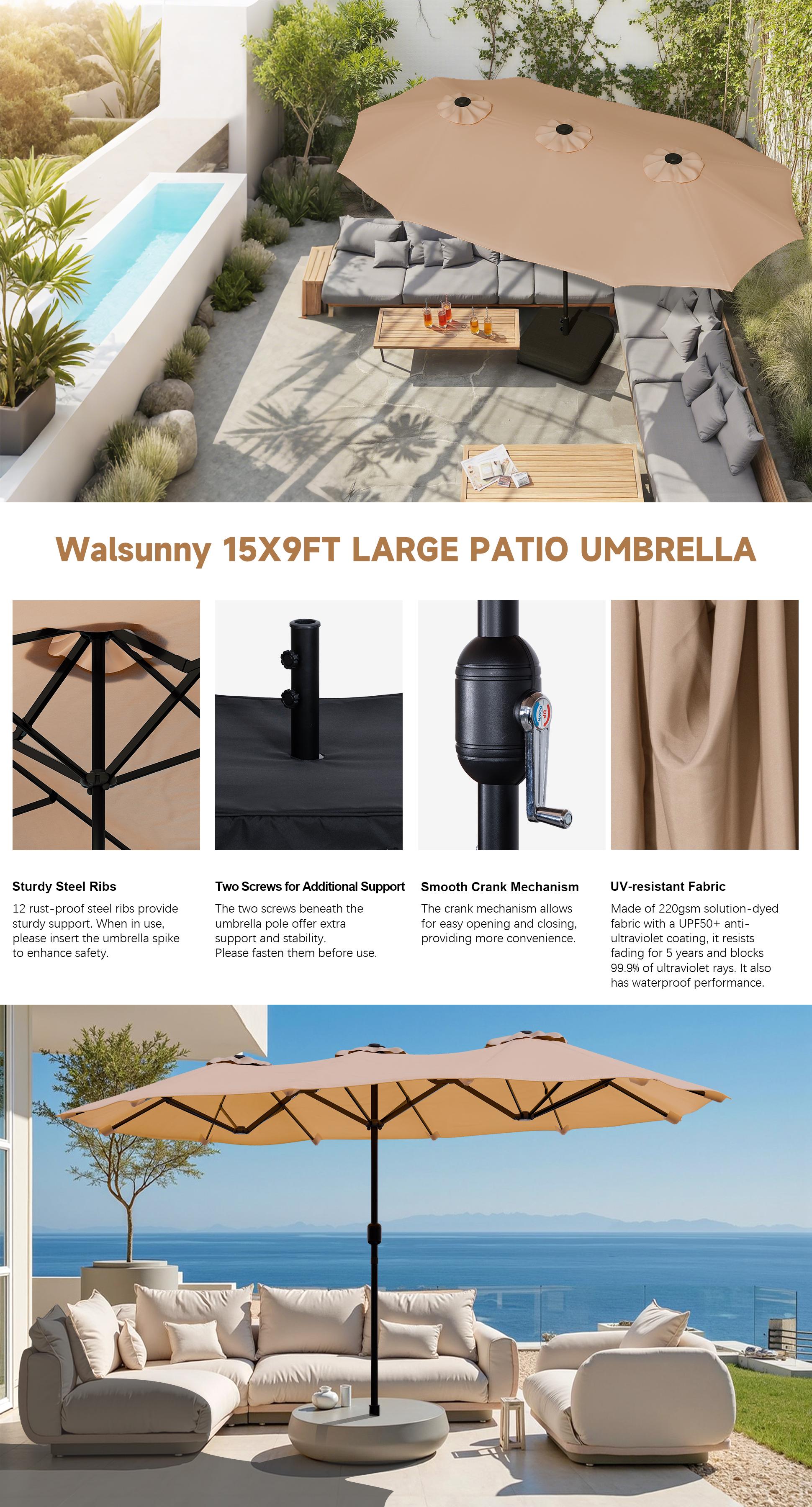 Walsunny 15 ft Large Patio Umbrella with Base Include, Double Sided Outdoor Rectangular Patio Parasol Stands& Bases with Crank Handle for Pool Garden Backyard,Khaki Walsunny 15 ft Large Patio Umbrella with Base Include, Double Sided Outdoor Rectangular Patio Parasol Stands& Bases with Crank Handle for Pool Garden Backyard,Khaki