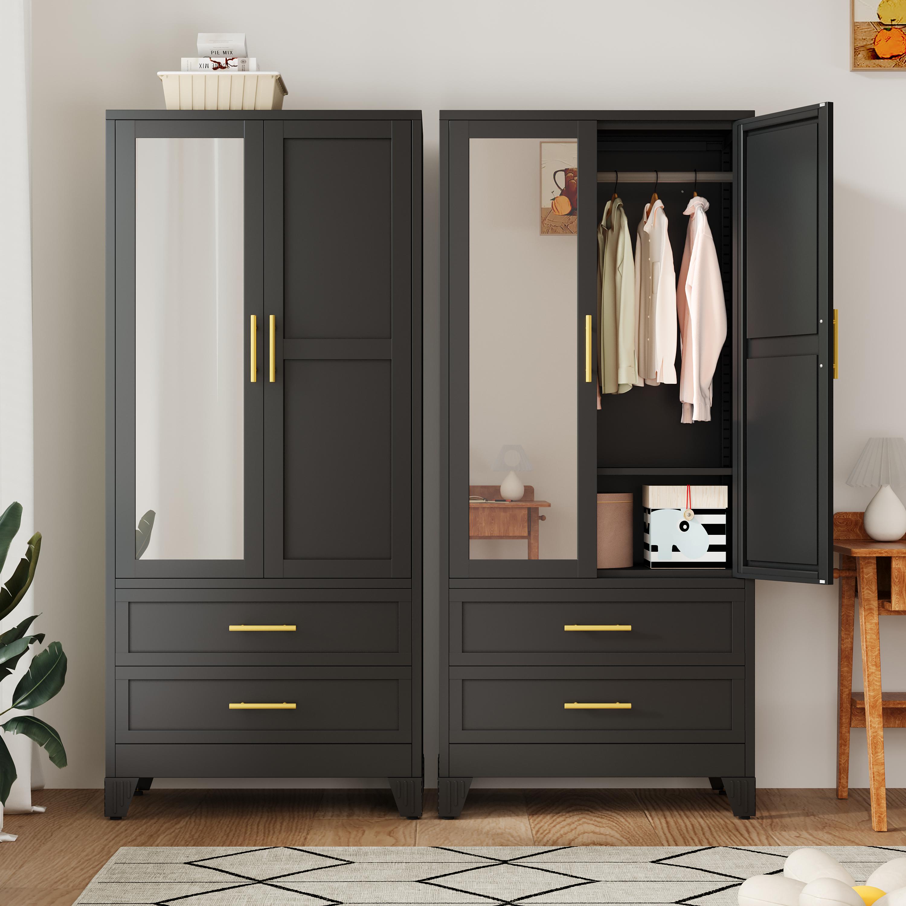 Metal Armoire Wardrobe Closet 71" Tall Bedroom Closet with Mirror 2 Drawers Adjustable Shelves and Hanging Rod Steel Clothes Closets and Storage for Bedroom Metal Armoire Wardrobe Closet 71" Tall Bedroom Closet with Mirror 2 Drawers Adjustable Shelves and Hanging Rod Steel Clothes Closets and Storage for Bedroom
