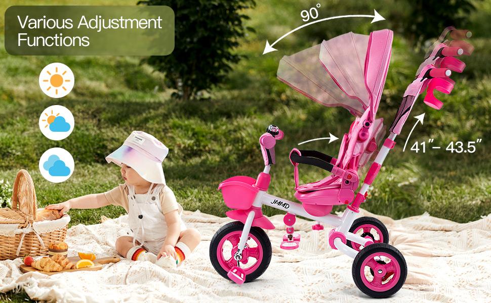 JMMD 6-in-1 3-Wheel Metal Frame Toddler Stroller Bike for 18 Months-5 Year Old Girls, with Adjustable Handle, Adjustable Seat, Harness, Removable Canopy, Grows with Toddlers, 3-Wheel Bikes JMMD 6-in-1 3-Wheel Metal Frame Toddler Stroller Bike for 18 Months-5 Year Old Girls, with Adjustable Handle, Adjustable Seat, Harness, Removable Canopy, Grows with Toddlers, 3-Wheel Bikes