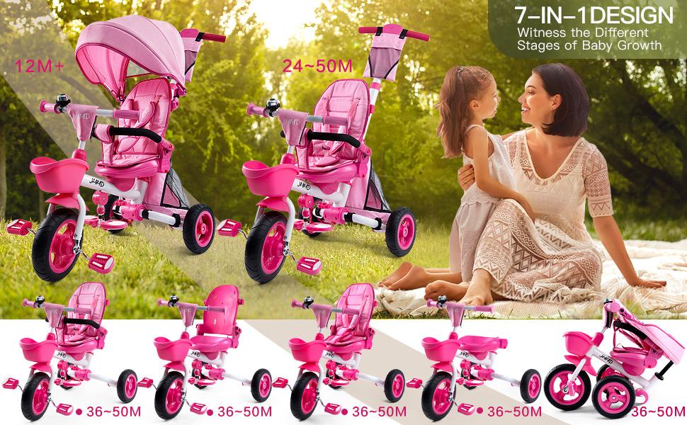 JMMD 6-in-1 3-Wheel Metal Frame Toddler Stroller Bike for 18 Months-5 Year Old Girls, with Adjustable Handle, Adjustable Seat, Harness, Removable Canopy, Grows with Toddlers, 3-Wheel Bikes JMMD 6-in-1 3-Wheel Metal Frame Toddler Stroller Bike for 18 Months-5 Year Old Girls, with Adjustable Handle, Adjustable Seat, Harness, Removable Canopy, Grows with Toddlers, 3-Wheel Bikes