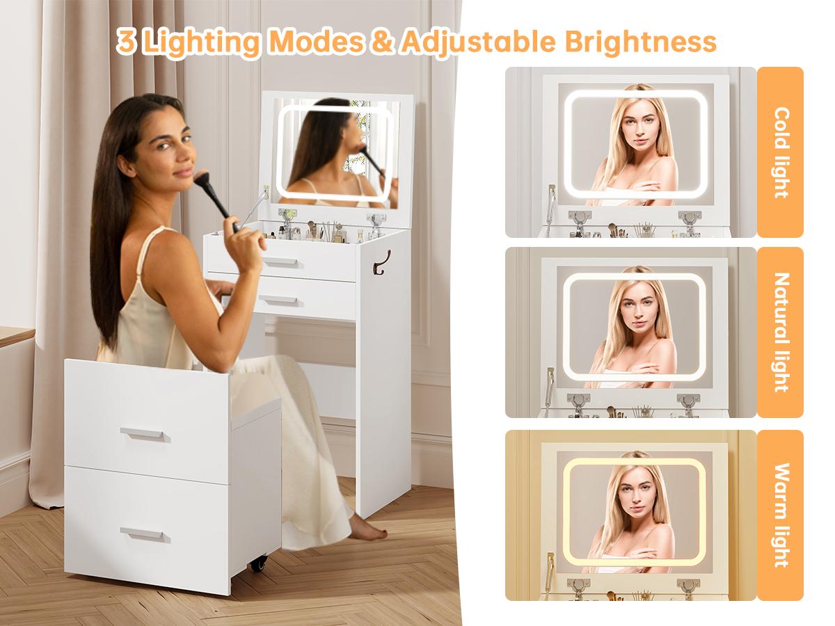 3-in-1 Multi-Functional LED Mirror Vanity Desk Furniture, Modern White Freestanding Makeup Vanity with 3 Drawers, Flip-Up Lighting Mirror, Cushioned Stool & Nightstand Combo for Bedroom, Office, Freestanding Makeup Vanities
