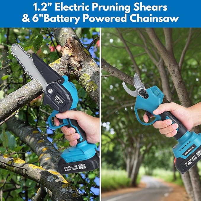 3-in-1 Cordless Pole Saw & Mini Chainsaw Kit with 2 Batteries, Garden Scissors, Extension Pole &ndash; Power Electric Chainsaw for Tree Trimming, Limb Branch Cutter, Chains