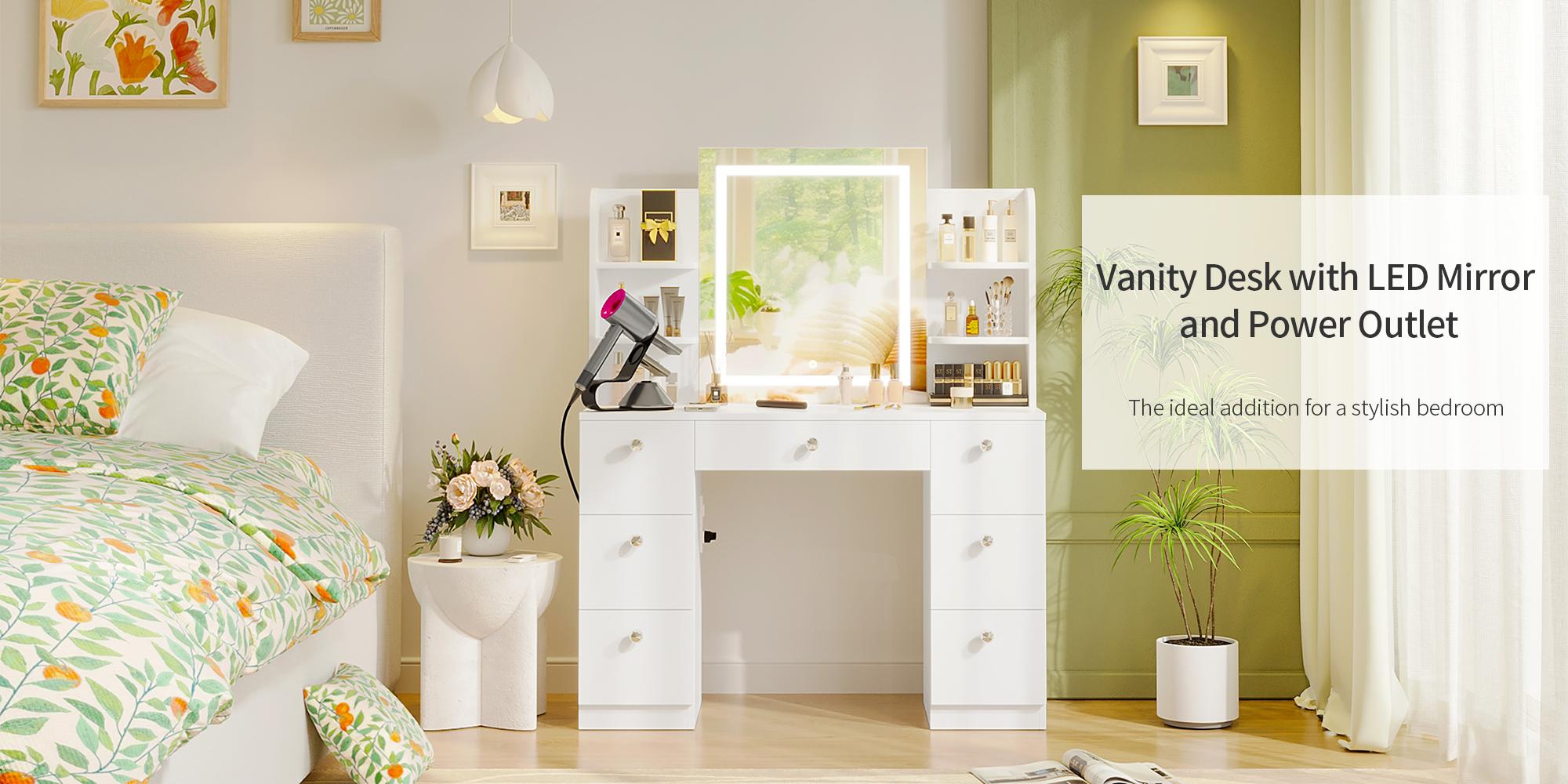【Assembly video available】VOWNER Modern 55" Tall Makeup Vanity Table Set with 3 Color Lighted Mirror 7 Drawers & Outlet Gift 【Assembly video available】VOWNER Modern 55" Tall Makeup Vanity Table Set with 3 Color Lighted Mirror 7 Drawers & Outlet Gift