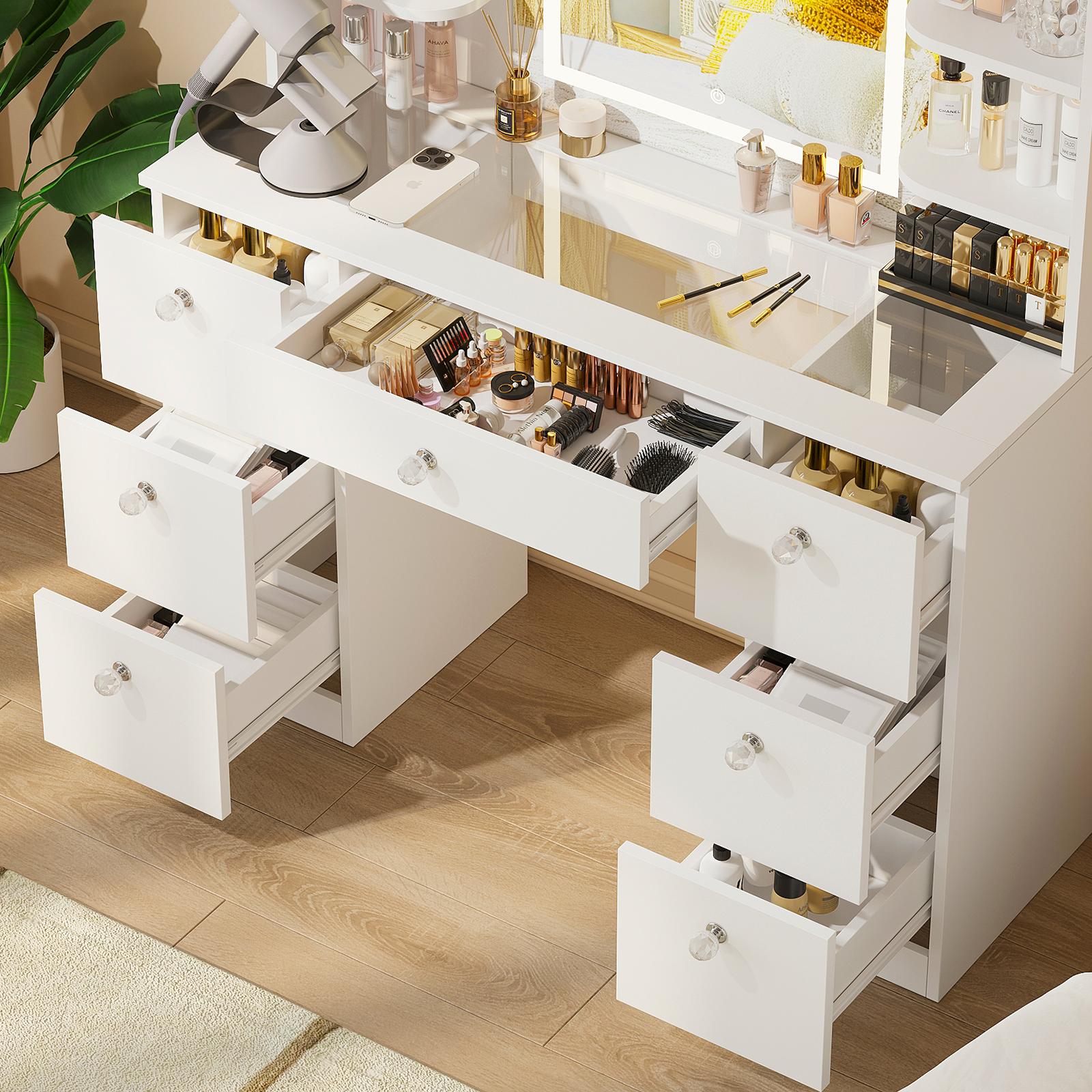 【Assembly video available】VOWNER Modern 55" Tall Makeup Vanity Table Set with 3 Color Lighted Mirror 7 Drawers & Outlet Gift 【Assembly video available】VOWNER Modern 55" Tall Makeup Vanity Table Set with 3 Color Lighted Mirror 7 Drawers & Outlet Gift