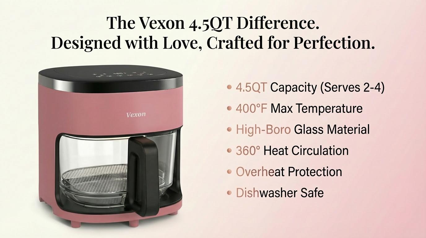 VEXON Aesthetic Pink Glass Air Fryer 4.5QT – 6-in-1 Digital Air Fryer with Viewing Window, 97% Less Oil, Quiet & Easy Clean, A Perfect Gift for your girl VEXON Aesthetic Pink Glass Air Fryer 4.5QT – 6-in-1 Digital Air Fryer with Viewing Window, 97% Less Oil, Quiet & Easy Clean, A Perfect Gift for your girl