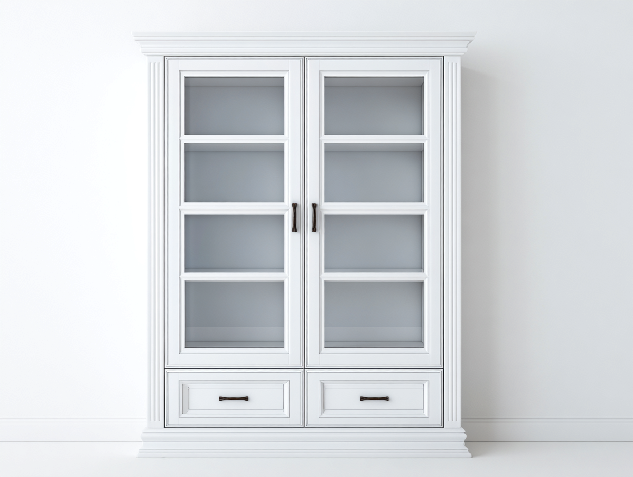 Vitrina madera y vidrio 120x45x200 cm blanco almacenaje clásico con puertas y cajones-Jaravaabode