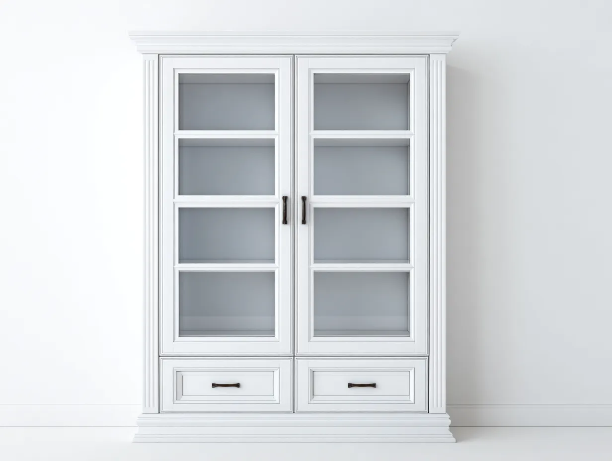 Vitrina madera y vidrio 120x45x200 cm blanco almacenaje clásico con puertas y cajones-Jaravaabode