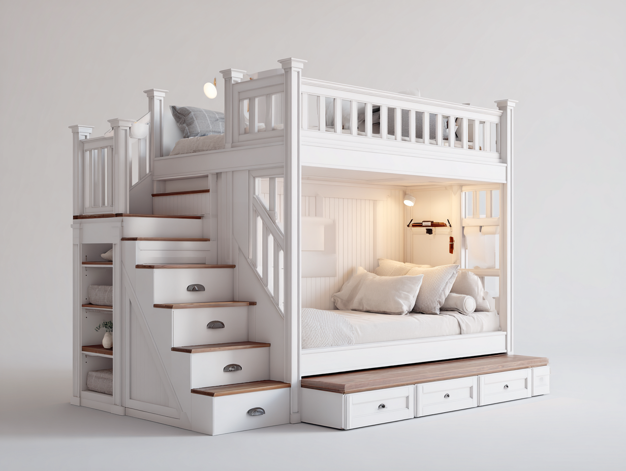 Literas madera-210x140x170 cm-blanco-4 cajones-escalera integrada-diseño funcional-Jaravaabode