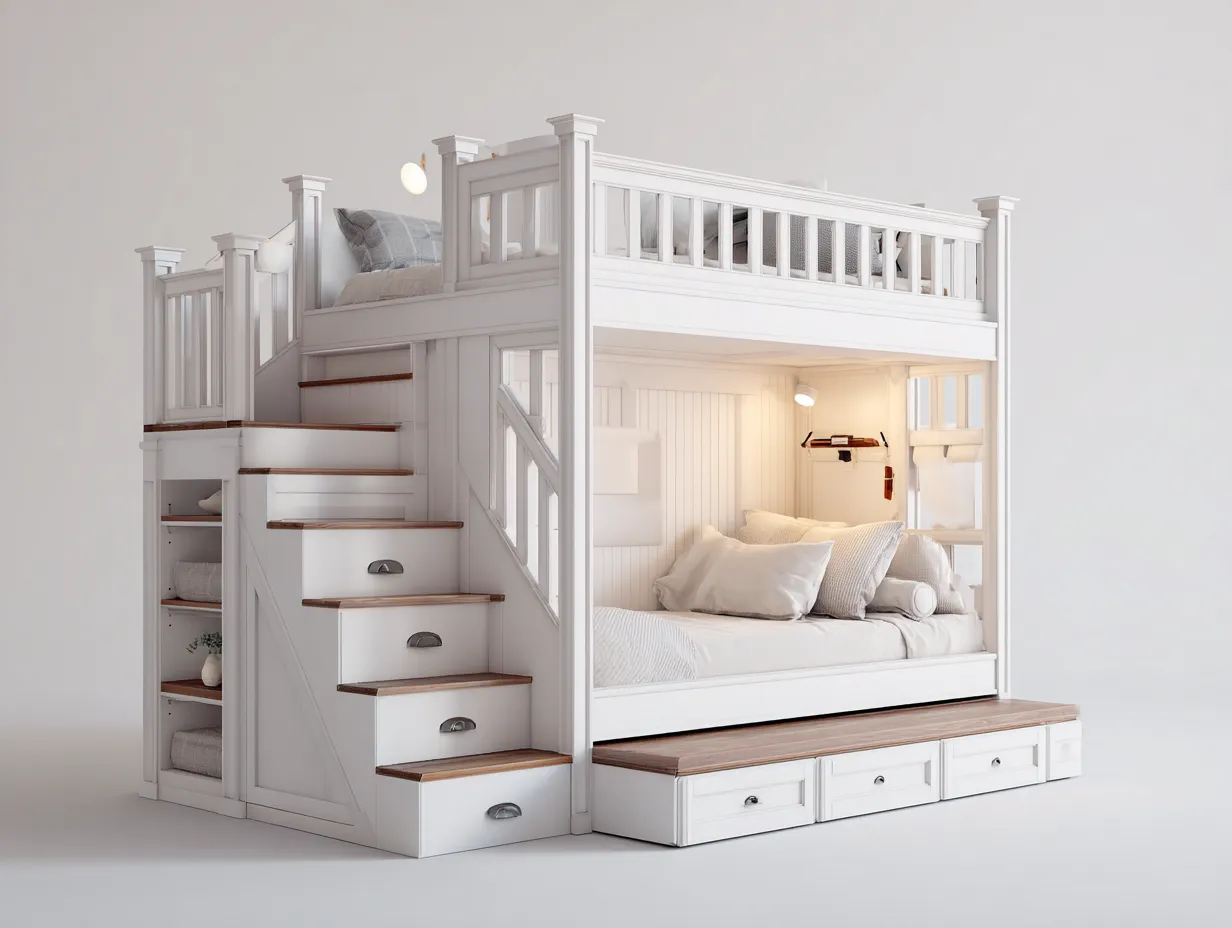 Literas madera-210x140x170 cm-blanco-4 cajones-escalera integrada-diseño funcional-Jaravaabode