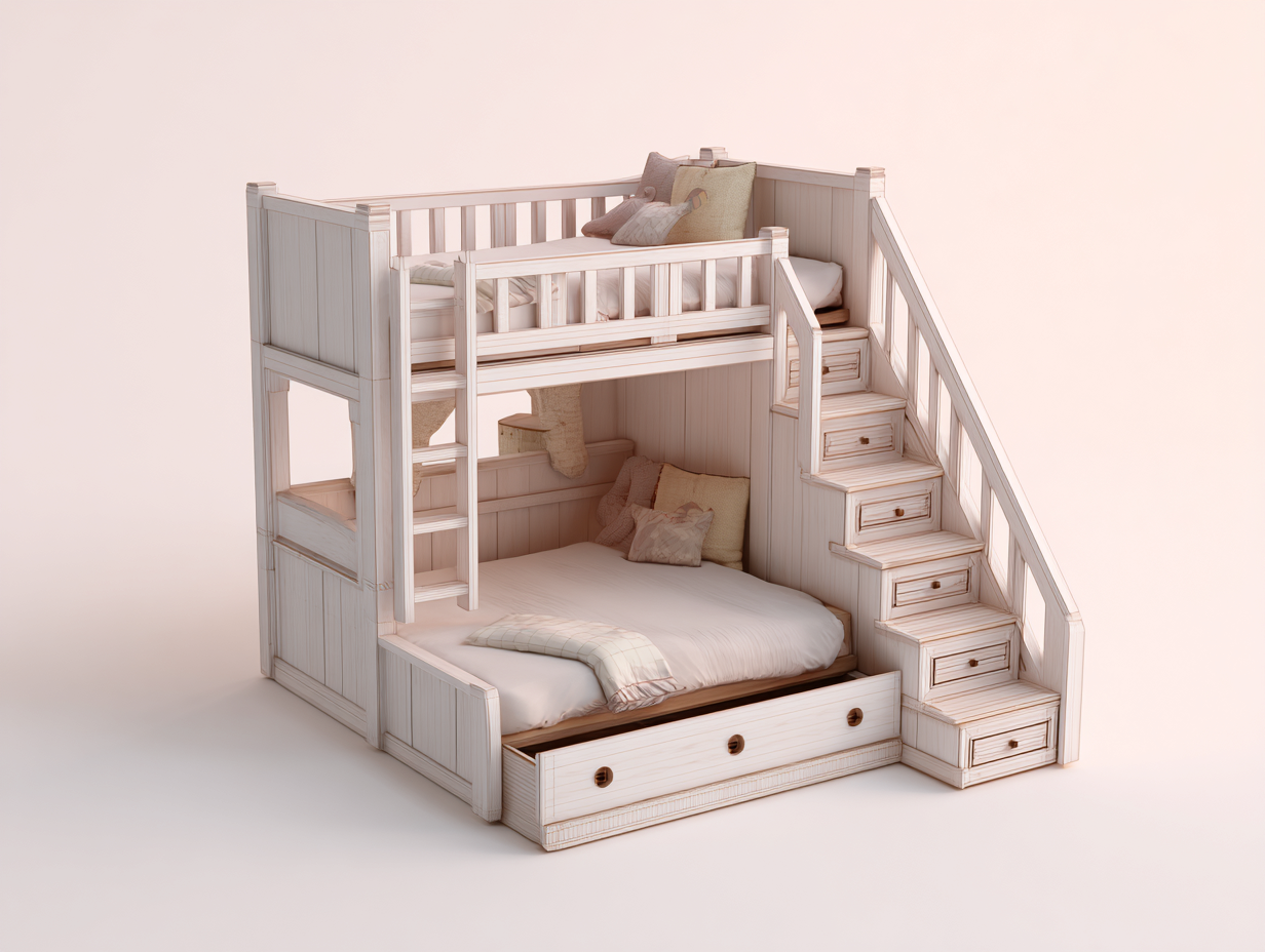 Litera de madera con escalera y almacenamiento 200x120x180 cm blanco - diseño funcional infantil-Jaravaabode