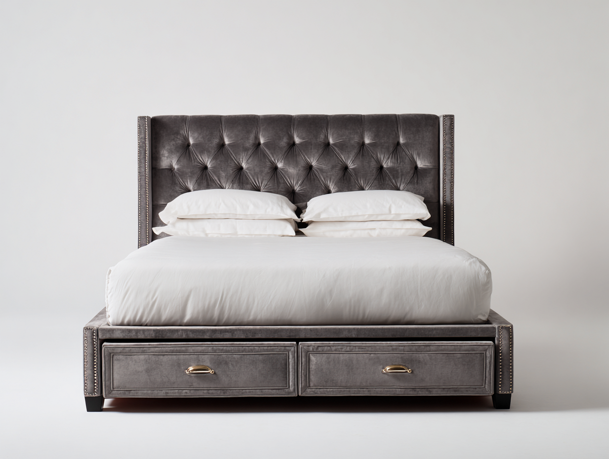 Camas dobles madera-tela-200x160x110 cm-gris-2 cajones-diseño moderno acolchado-Jaravaabode