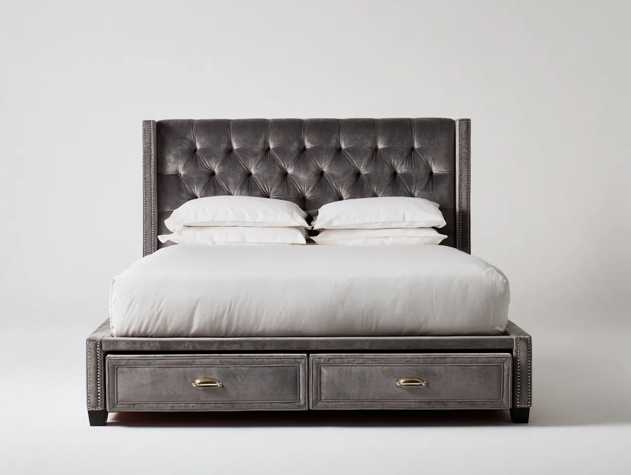 Camas dobles madera-tela-200x160x110 cm-gris-2 cajones-diseño moderno acolchado-Jaravaabode