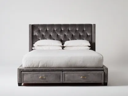 Camas dobles madera-tela-200x160x110 cm-gris-2 cajones-diseño moderno acolchado-Jaravaabode