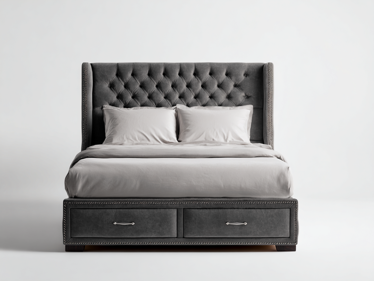 Camas dobles tapizadas de madera y tela 200x160x120 cm - gris - diseño moderno con almacenamiento-Jaravaabode