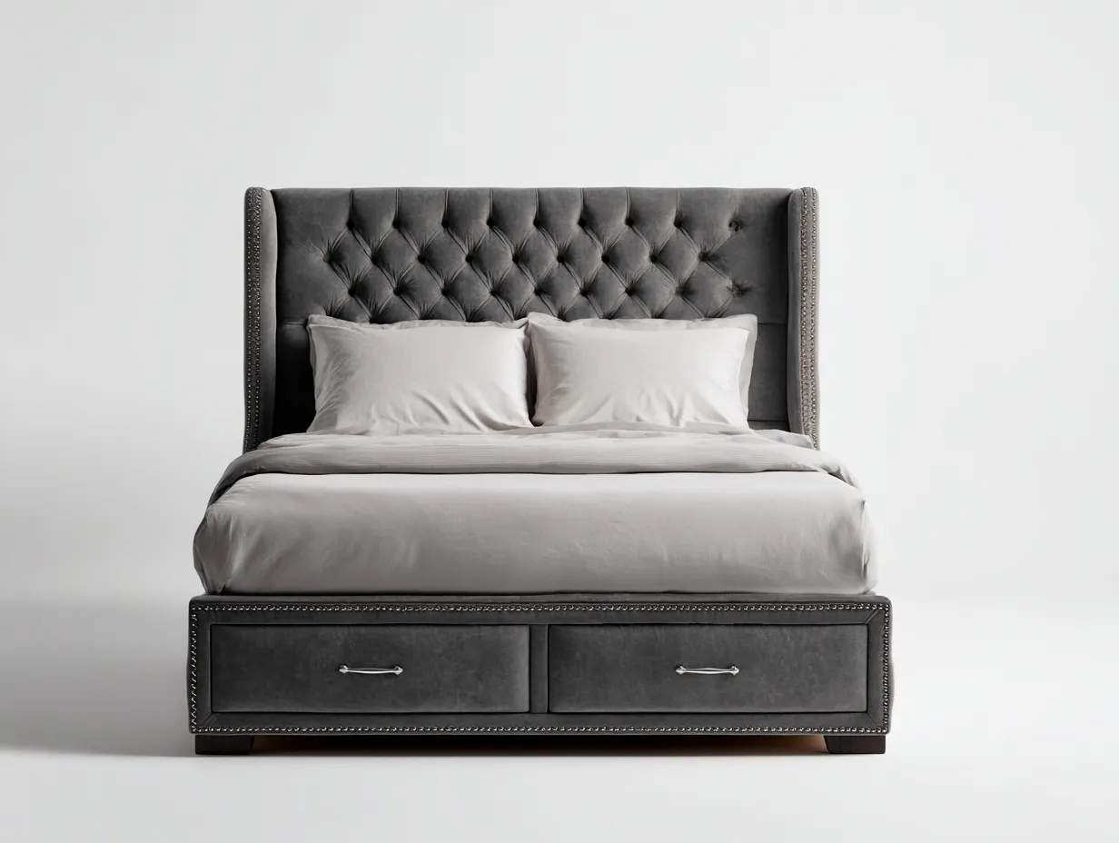 Camas dobles tapizadas de madera y tela 200x160x120 cm - gris - diseño moderno con almacenamiento-Jaravaabode