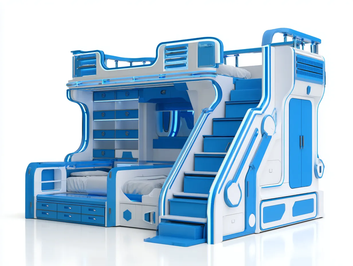 Literas de madera y MDF 200x140x170 cm - azul-blanco - diseño moderno multifuncional con almacenamiento-Jaravaabode