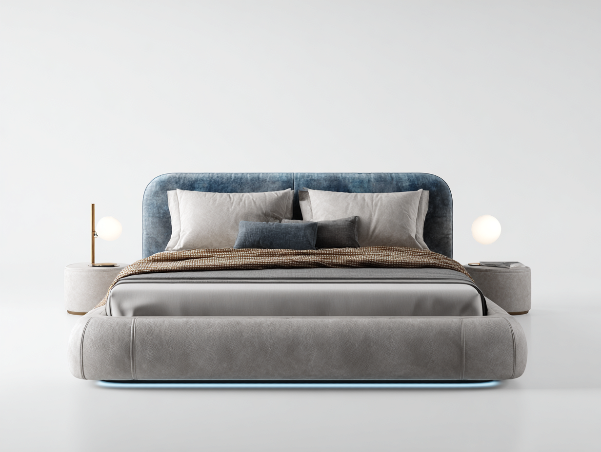 Cama doble tapizada 215x180x100 cm gris y azul - diseño moderno dormitorio-Jaravaabode