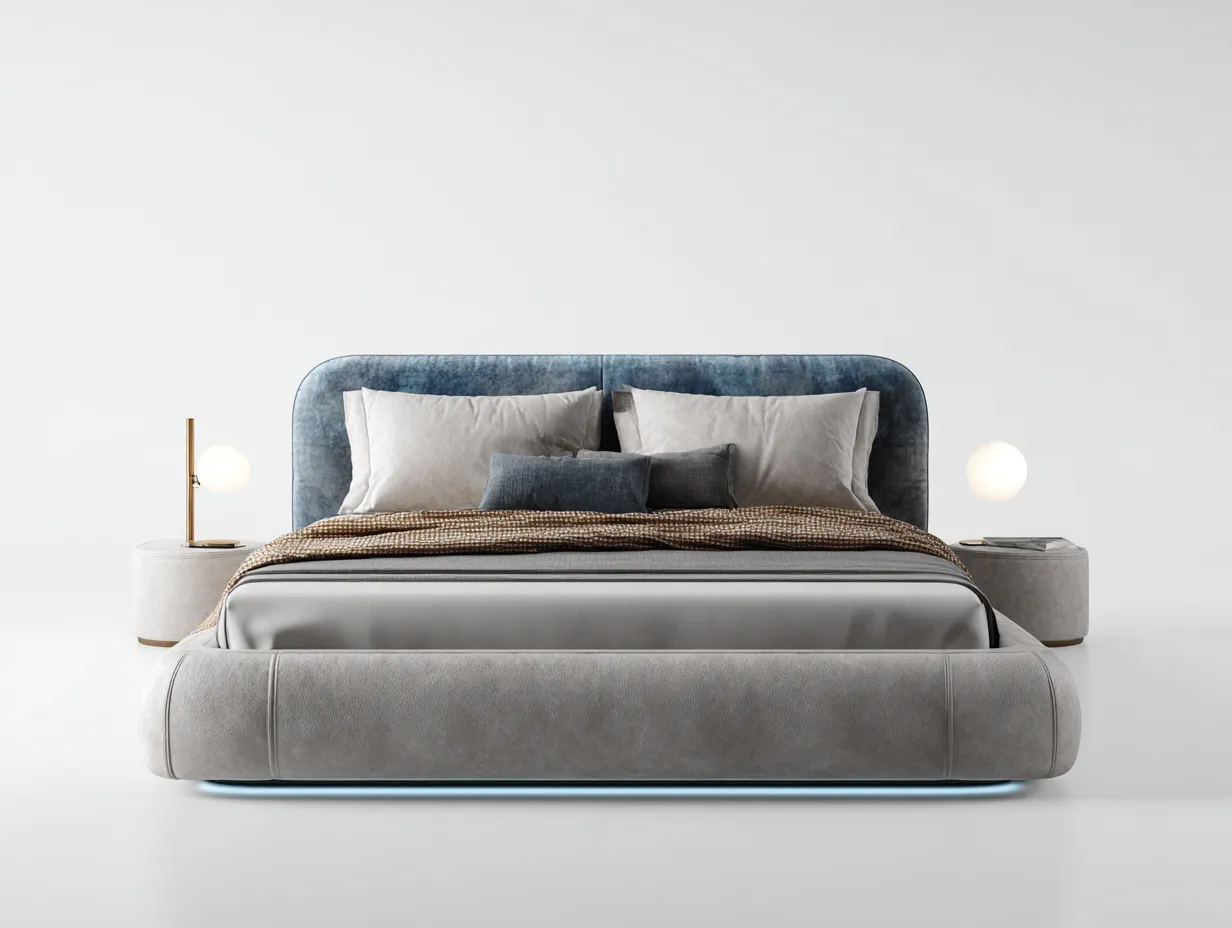 Cama doble tapizada 215x180x100 cm gris y azul - diseño moderno dormitorio-Jaravaabode