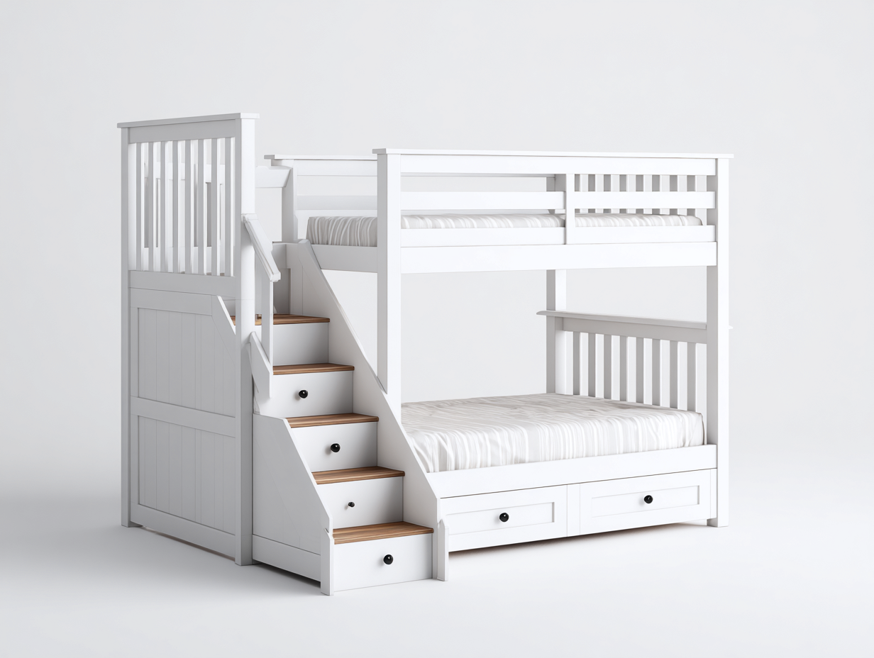 Literas madera con escalera y cajones 200x100x180 cm blanco - diseño funcional para dormitorio-Jaravaabode