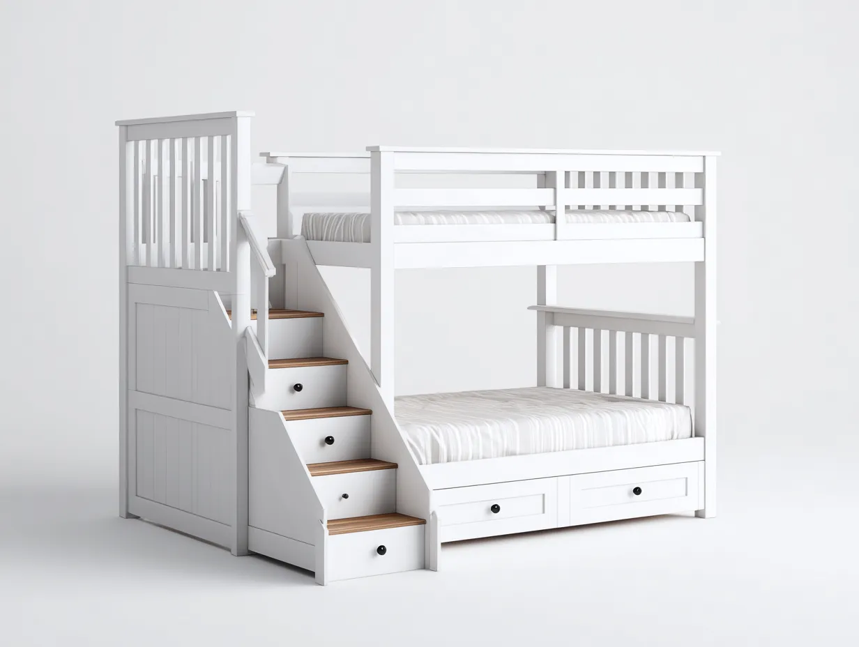 Literas madera con escalera y cajones 200x100x180 cm blanco - diseño funcional para dormitorio-Jaravaabode