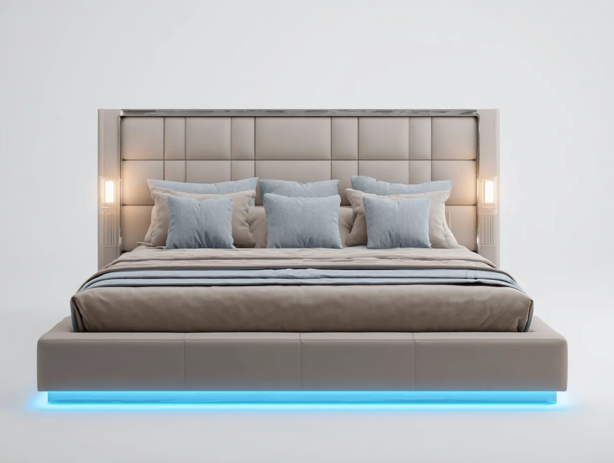 Camas dobles tapizada con iluminación LED 200x160x110 cm beige - diseño moderno para dormitorio-Jaravaabode