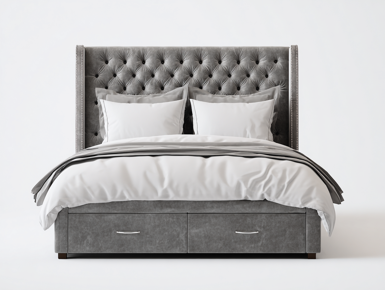 Cama doble tapizada con almacenamiento 212x182x115 cm gris - diseño clásico dormitorio funcional-Jaravaabode