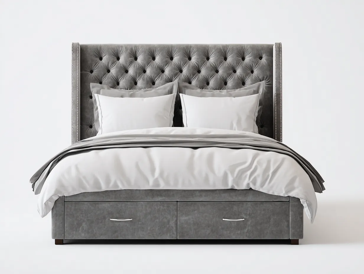 Cama doble tapizada con almacenamiento 212x182x115 cm gris - diseño clásico dormitorio funcional-Jaravaabode