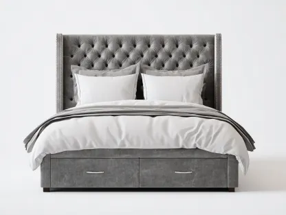 Cama doble tapizada con almacenamiento 212x182x115 cm gris - diseño clásico dormitorio funcional-Jaravaabode