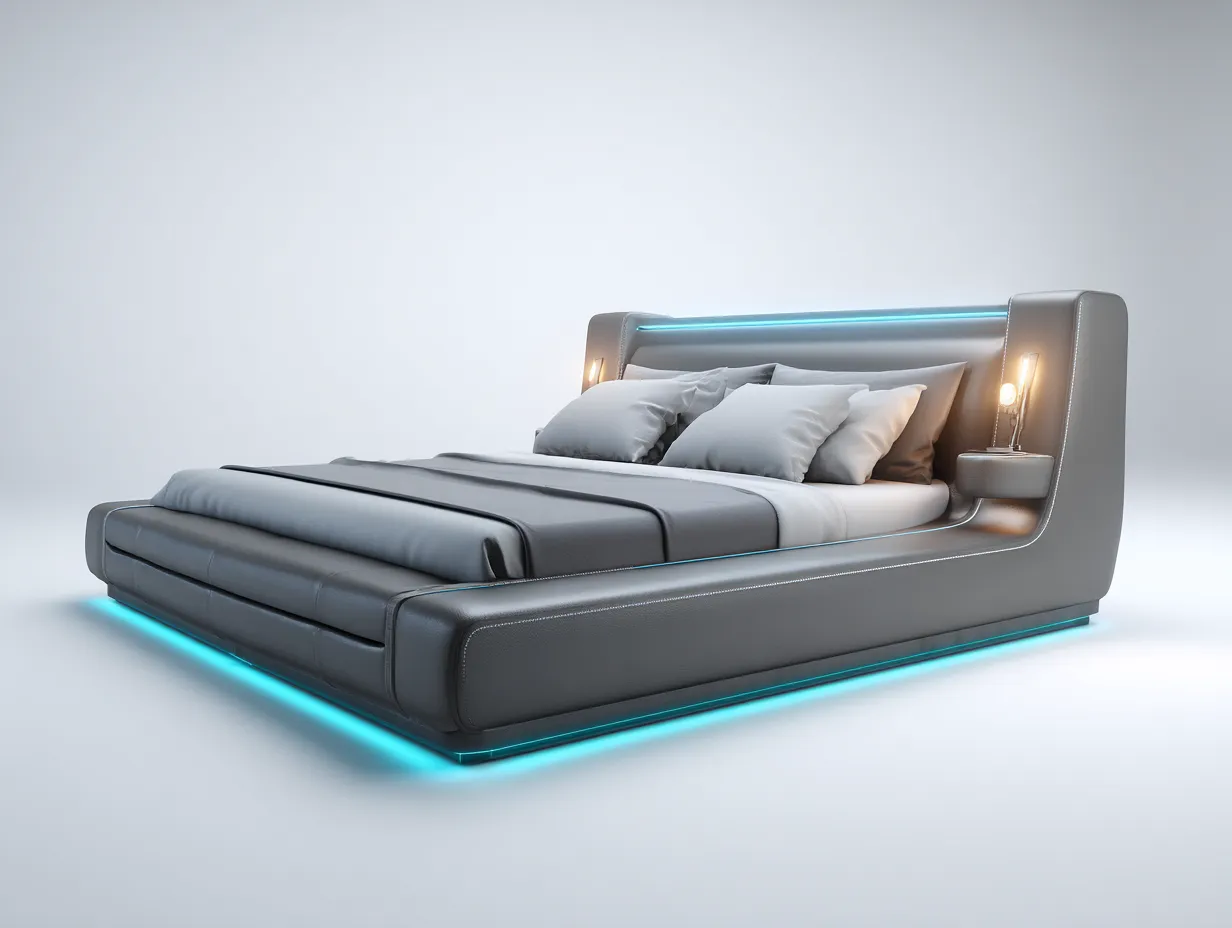 Camas dobles madera-cuero sintético-200x180x105 cm-gris-iluminación LED-diseño moderno-Jaravaabode