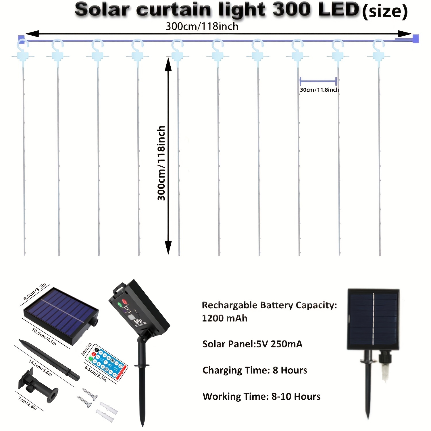 300 LEDs Solar Curtain Light, Outdoor Remote Control Light, 8 Lighting Modes Fairy Lights  IP65 Waterproof Copper Wire Lights Christmas Party Wedding Home Bedroom Garden Wall Decor, 8.86''x6.56''