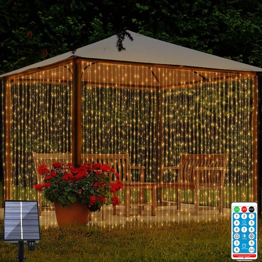 300 LEDs Solar Curtain Light, Outdoor Remote Control Light, 8 Lighting Modes Fairy Lights  IP65 Waterproof Copper Wire Lights Christmas Party Wedding Home Bedroom Garden Wall Decor, 8.86''x6.56''