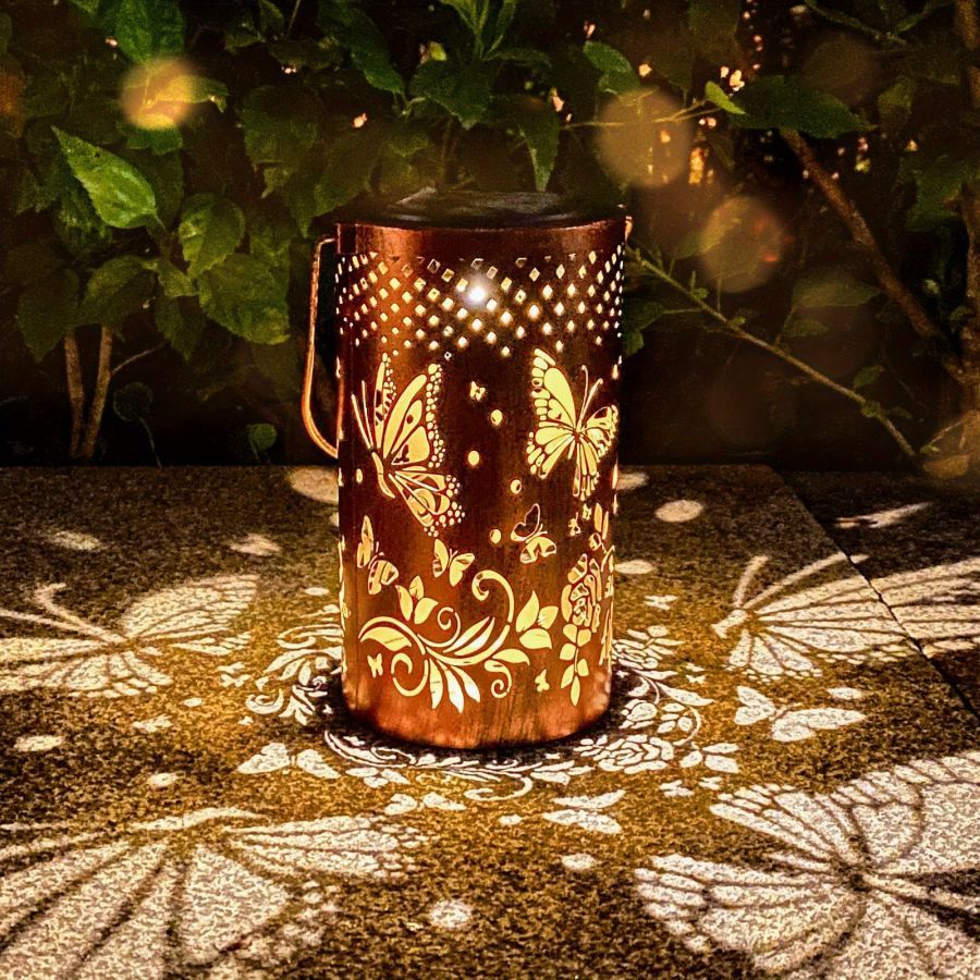 Solar-Powered Butterfly Cut-Out Metal Lantern with LED Light