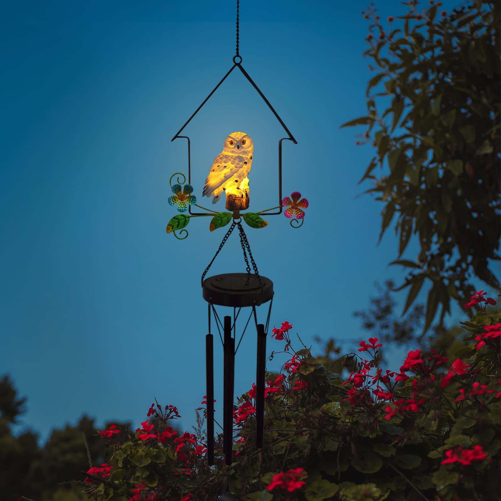 Solar-Powered Owl Wind Chime with Illuminated Owl - White