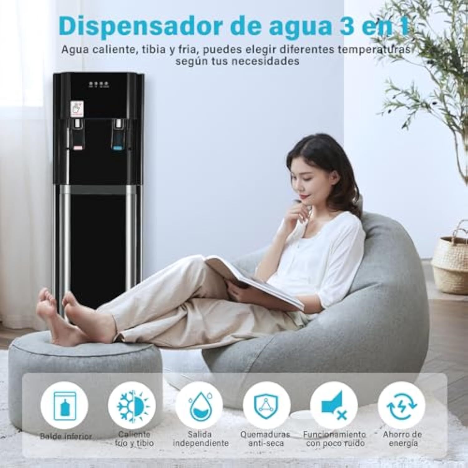 Ykioea Dispensador de Agua con Garrafón Oculto, Dispensador de Agua Fria y Caliente, Enfriador de Agua, Bloqueo de Seguridad, para Hogar Oficina, Dormitorios
