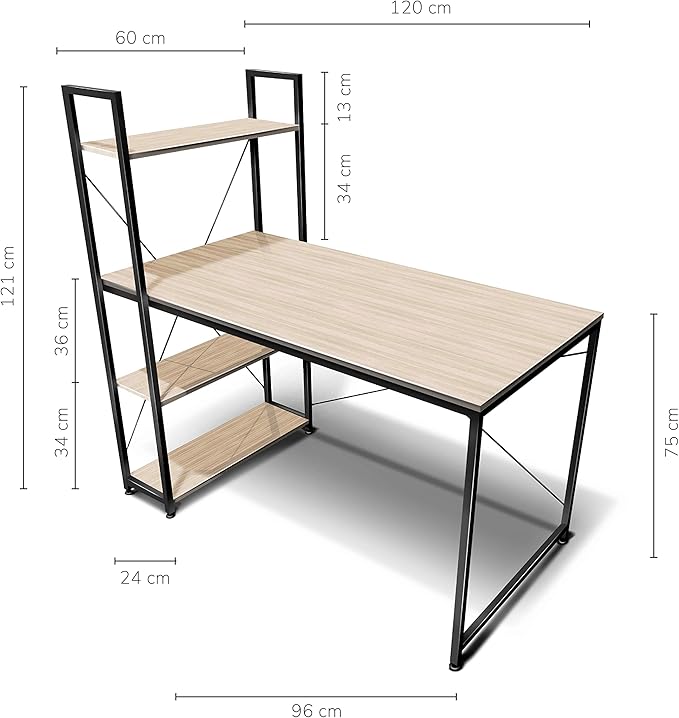 Escritorio para Computadora, Diseño Minimalista Moderno, Ideal para Oficina, Home Office, Estructura Resistente de Metal, con Repisas, Color Café