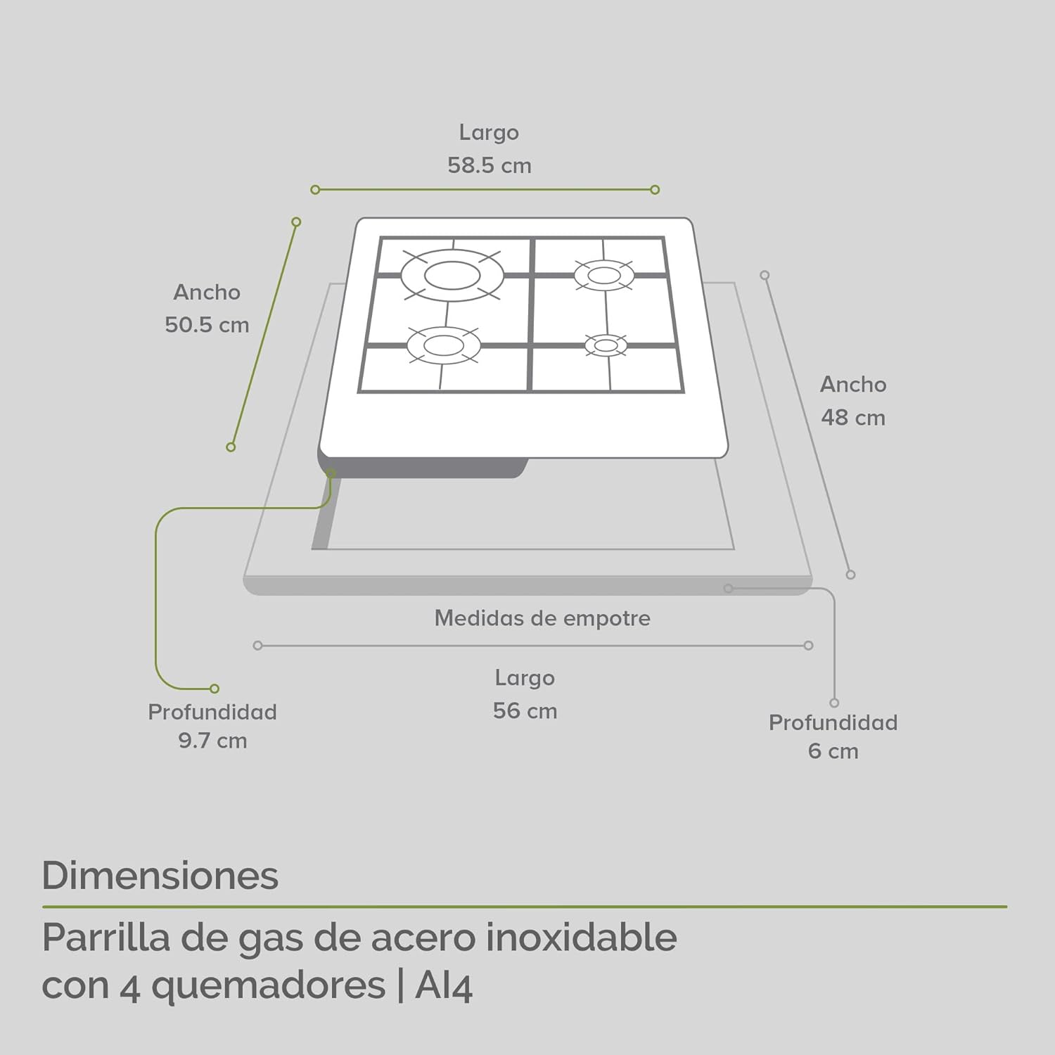 Parrilla de gas AVERA 4 fuegos, 60 cm de acero inoxidable (incluidos accesorios de montaje), encendido electrónico, pomos metálicos, placa integrada, apta para GLP y gas natural, AI4