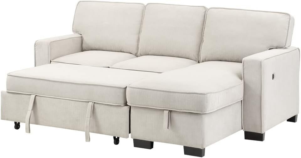 Lilola Home Estelle - Cama Reversible de Tela Beige de 86 Pulgadas, con Mesa desplegable de Almacenamiento para tumbonas, 2 portavasos y 2 Puertos USB