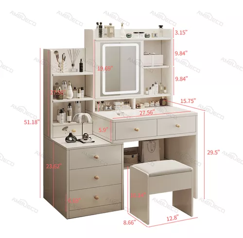 Tocador De Dormitorio Con Sillas Y Espejo De Led Y 6 Cajones 100*40*145 Cm Tocadores De Madera Con Luces Ambueco