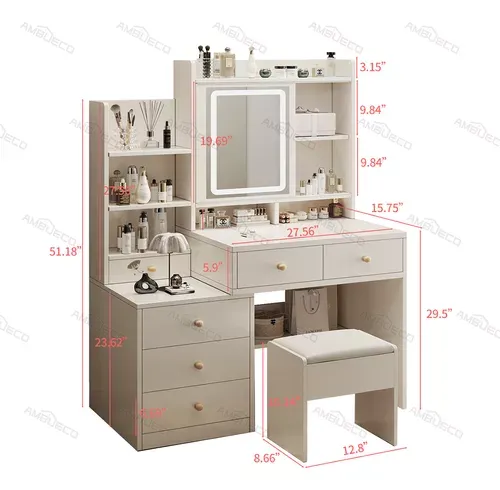 Tocador De Dormitorio Con Sillas Y Espejo De Led Y 6 Cajones 100*40*145 Cm Tocadores De Madera Con Luces Ambueco